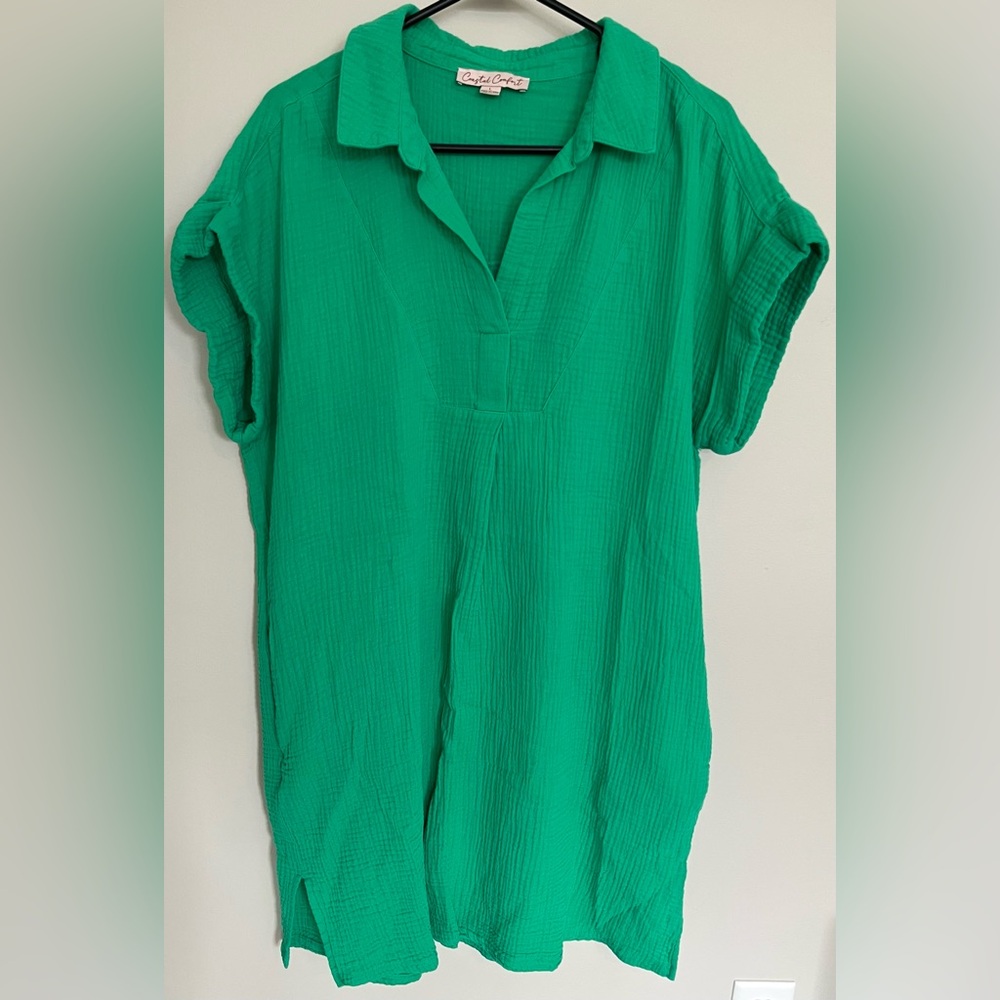 Coastal Comfort - Casual Green Collared Tunic Dress -